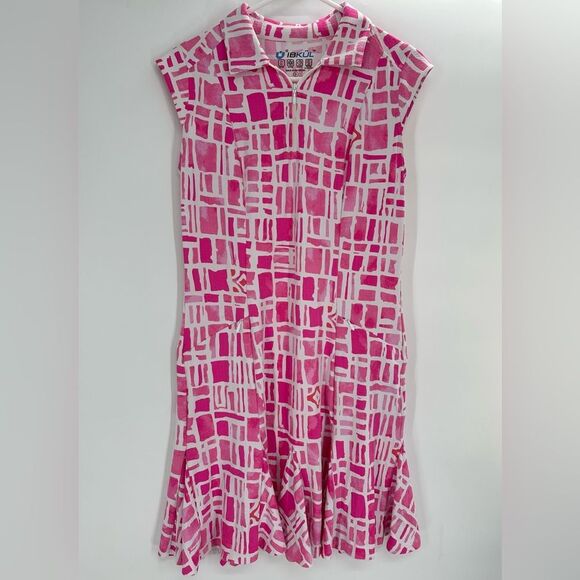 Ibkul Pink Godet Dress Size Small Printed Abstract Zipper Collar Ruffle - Picture 1 of 8